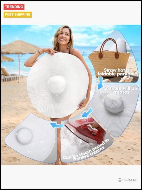 Oversized Wide Brim Straw Sun Hat UPF 50+ UV Protection Foldable Travel Beach main image 4